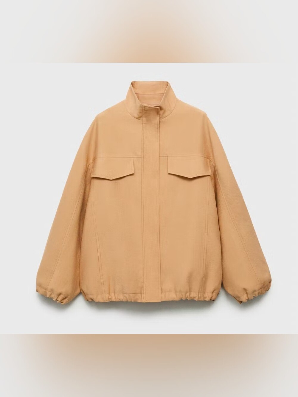 Mango Light Tan Bomber Jacket with Stand Collar - Oversized